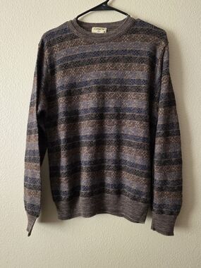 Vintage-Style Crewneck Sweater in Brown and Blue Stripes